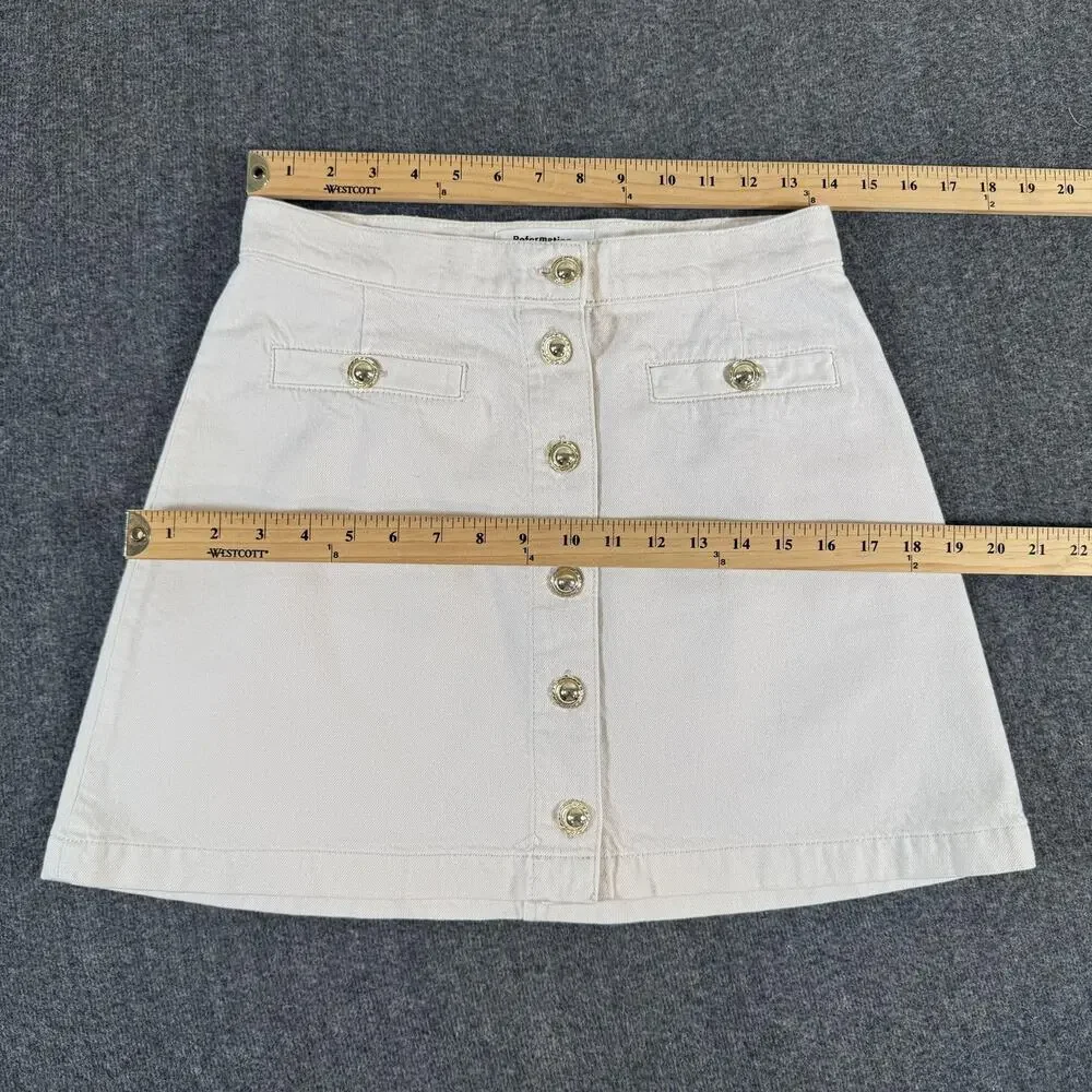 Reformation Denim Skirt Womens 4 White Button Front A-Line Mini High Rise